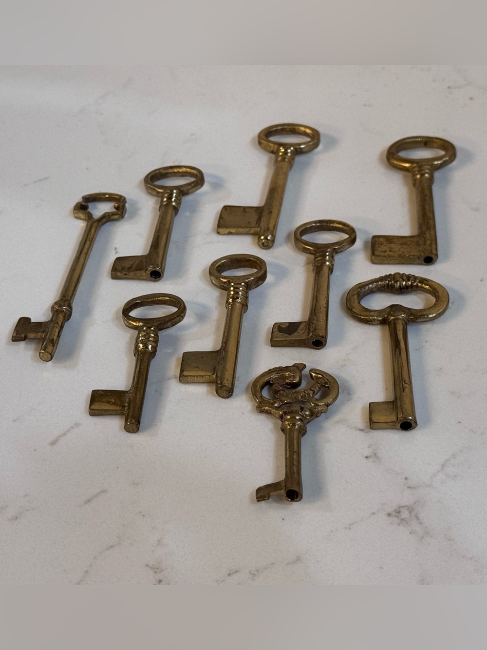 Lot of 9 Vintage Brass Metal Skeleton Keys Mix of Designs and Sizes